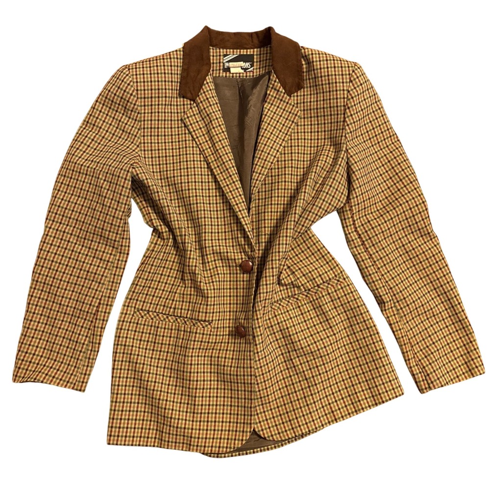 Womens Plaid Blazer Corduroy Collar Button Front Jacket Made in USA Size Medium